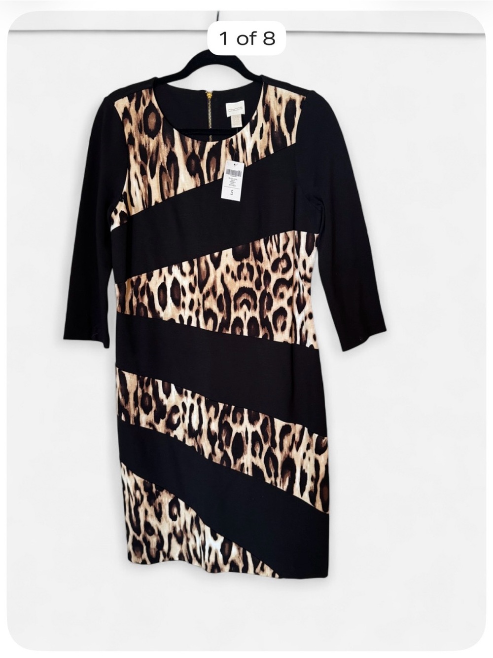 Chico’s NWT Animal Print Colorblock Sheath Dress Size 0.5 Black Leopard